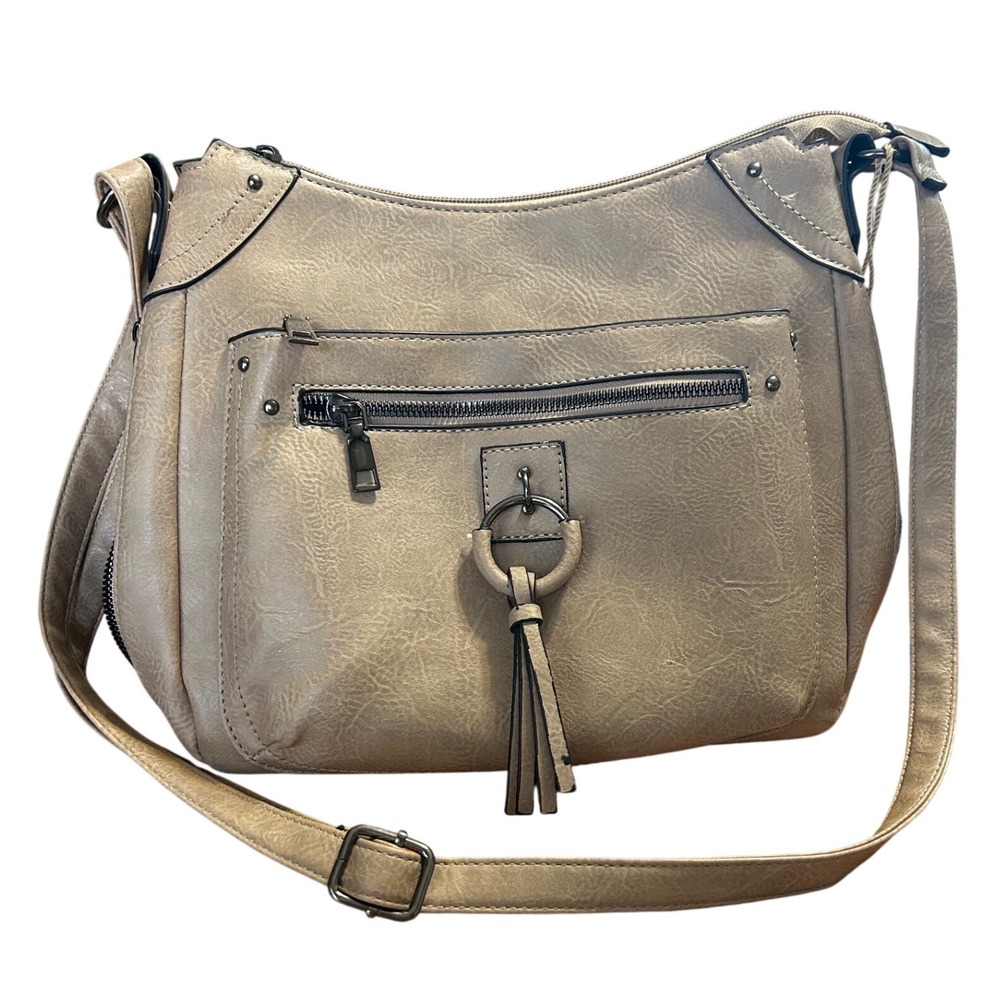 Sam & Hadley Taupe Faux Leather Crossbody Bag Tassel‎ Zip Expandable Bottom